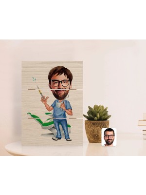 BK Gift Kişiye Özel Erkek Diş Hekimi Karikatürlü Otantik Masaüstü Ahşap Palet Çerçeve-4