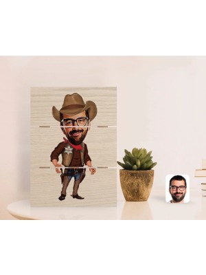 BK Gift Kişiye Özel Kovboy Karikatürlü Otantik Masaüstü Ahşap Palet Çerçeve