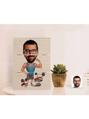 BK Gift Kişiye Özel Fitnesscı Karikatürlü Otantik Masaüstü Ahşap Palet Çerçeve-1