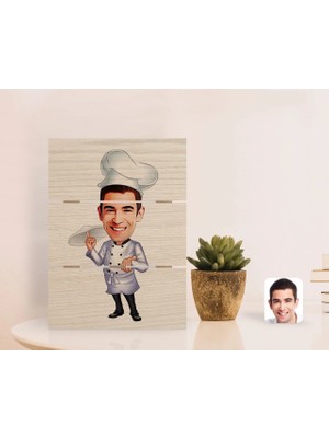 BK Gift Kişiye Özel Erkek Pizza Şefi Karikatürlü Otantik Masaüstü Ahşap Palet Çerçeve-1