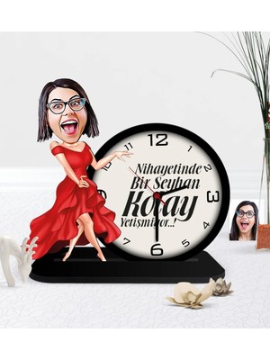 BK Gift Kişiye Özel Bayan Kolay Yetişmiyor Karikatürlü Ahşap Masaüstü Saat - 1