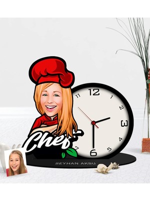 BK Gift Kişiye Özel Bayan Chef Karikatürlü Ahşap Masaüstü Saat-10