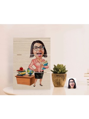 BK Gift Kişiye Özel Kadın Öğretmen Karikatürlü Otantik Masaüstü Ahşap Palet Çerçeve-5