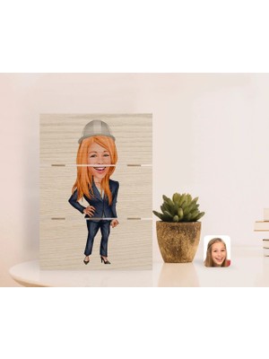BK Gift Kişiye Özel Kadın Mühendis Karikatürlü Otantik Masaüstü Ahşap Palet Çerçeve-1