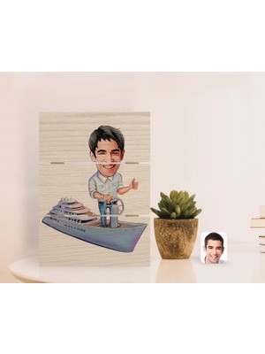BK Gift Kişiye Özel Erkek Kaptan Karikatürlü Otantik Masaüstü Ahşap Palet Çerçeve-2