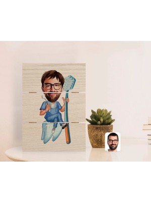 BK Gift Kişiye Özel Erkek Diş Hekimi Karikatürlü Otantik Masaüstü Ahşap Palet Çerçeve-2