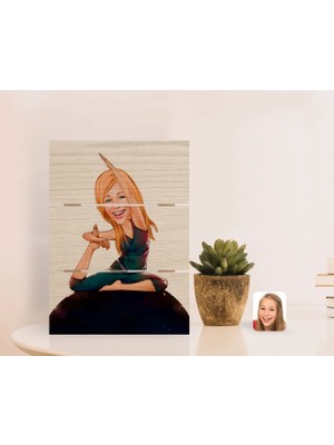 BK Gift Kişiye Özel Kadın Yoga Karikatürlü Otantik Masaüstü Ahşap Palet Çerçeve-2