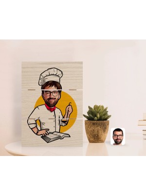 BK Gift Kişiye Özel Erkek Chef Karikatürlü Otantik Masaüstü Ahşap Palet Çerçeve-12