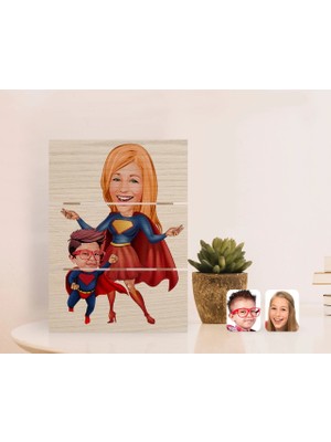 BK Gift Kişiye Özel Anneler Günü Temalı Süper Anne ve Çocuk Karikatürlü Otantik Masaüstü Ahşap Palet Çerçeve-1