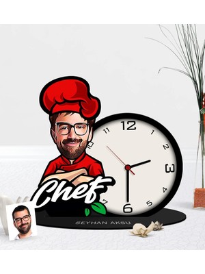 BK Gift Kişiye Özel Bay Chef Karikatürlü Ahşap Masaüstü Saat-10
