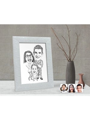 BK Gift Kişiye Özel Karakalem 3'lü Aile Karikatürlü Dekoratif Çerçeve-1
