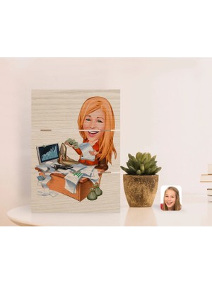 BK Gift Kişiye Özel Kadın Bankacı Karikatürlü Otantik Masaüstü Ahşap Palet Çerçeve-1