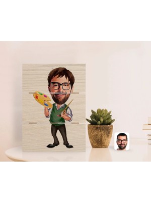 BK Gift Kişiye Özel Erkek Ressam Karikatürlü Otantik Masaüstü Ahşap Palet Çerçeve-1