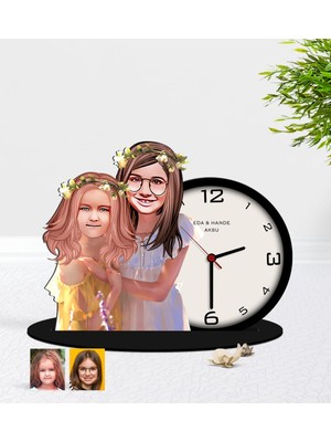 BK Gift Kişiye Özel Kız Kardeşler Karikatürlü Ahşap Biblo Masa Saati-2