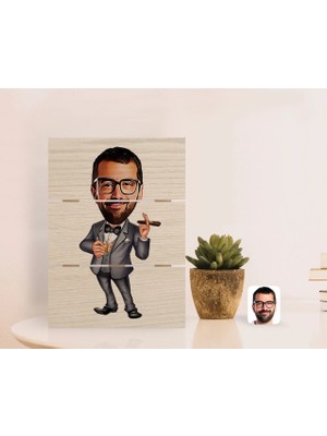 BK Gift Kişiye Özel Erkek Patron Karikatürlü Otantik Masaüstü Ahşap Palet Çerçeve-3