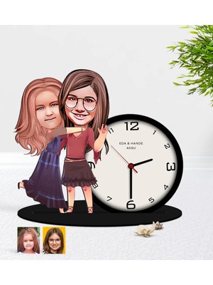 BK Gift Kişiye Özel Kız Kardeşler Karikatürlü Ahşap Biblo Masa Saati-6