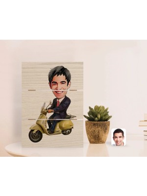 BK Gift Kişiye Özel Erkek Motorcu Karikatürlü Otantik Masaüstü Ahşap Palet Çerçeve-3