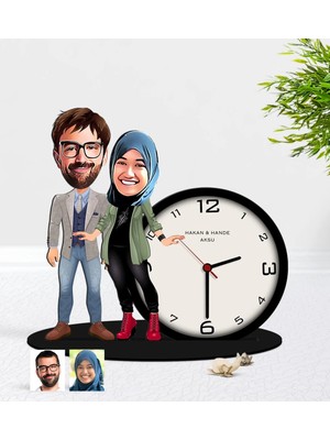 BK Gift Kişiye Özel Sevgililer Karikatürlü Ahşap Biblo Masa Saati-58