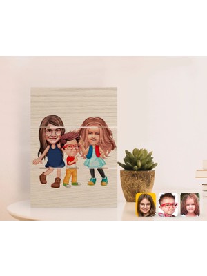 BK Gift Kişiye Özel 3 Kardeş Karikatürlü Otantik Masaüstü Ahşap Palet Çerçeve-1