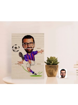 BK Gift Kişiye Özel Bordo Mavi Futbolcu Karikatürlü Otantik Masaüstü Ahşap Palet Çerçeve-1