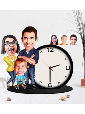 BK Gift Kişiye Özel Aile Karikatürlü Ahşap Biblo Masa Saati-1