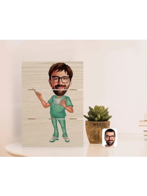 BK Gift Kişiye Özel Erkek Cerrah Karikatürlü Otantik Masaüstü Ahşap Palet Çerçeve-1