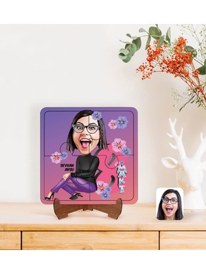 BK Gift Kişiye Özel Kadınlar Günü Karikatürlü Ahşap Standlı Puzzle Çerçeve-2