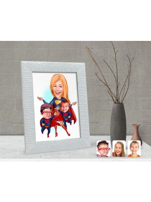 BK Gift Kişiye Özel Süper Anne ve Çocuklar Karikatürlü Dekoratif Çerçeve-1