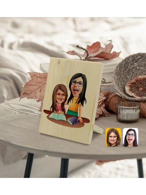 BK Gift Kişiye Özel Anne Kız Karikatürlü Dekoratif Ahşap Çerçeve Model 1