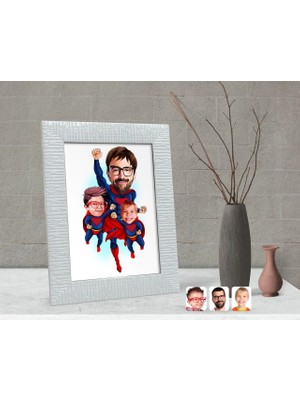 BK Gift Kişiye Özel Süper Baba ve Süper Çocuklar Karikatürlü Dekoratif Çerçeve-1