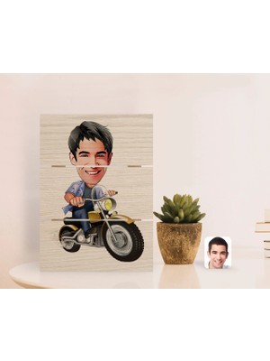BK Gift Kişiye Özel Erkek Motorcu Karikatürlü Otantik Masaüstü Ahşap Palet Çerçeve-1