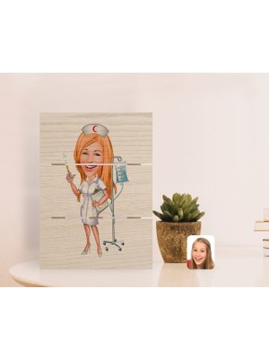 BK Gift Kişiye Özel Hemşire Karikatürlü Otantik Masaüstü Ahşap Palet Çerçeve-2