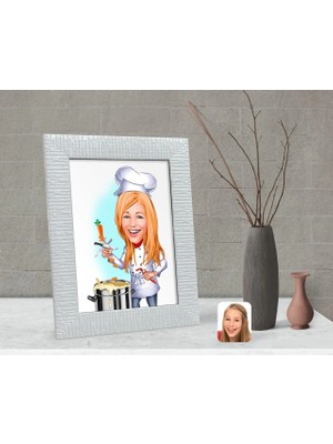 BK Gift Kişiye Özel Kadın Chef Karikatürlü Dekoratif Çerçeve-1