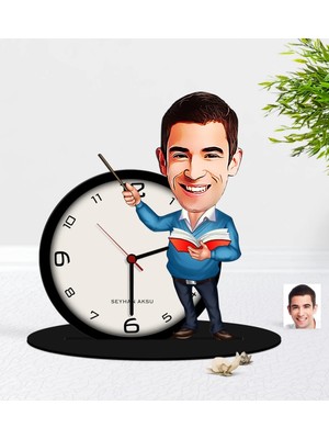 BK Gift Kişiye Özel Erkek Öğretmen Karikatürlü Ahşap Masaüstü Biblo Saat-5