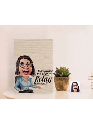 BK Gift Kişiye Özel Kadın Kolay Yetişmiyor Karikatürlü Otantik Masaüstü Ahşap Palet Çerçeve-2