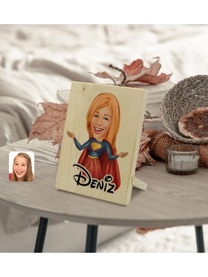 BK Gift Kişiye Özel Isimli Süper Girl Karikatürlü Dekoratif Ahşap Çerçeve Model 1