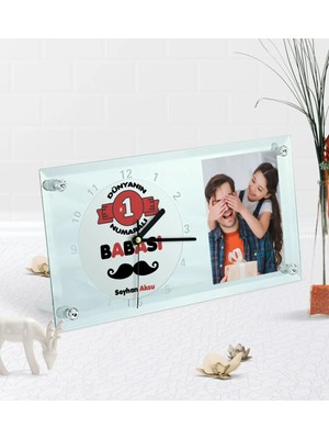 BK Gift Kişiye Özel Fotoğraflı Dünyanın 1 Numaralı Babası Masaüstü Cam Saat