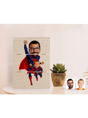 BK Gift Kişiye Özel Süper Baba ve Çocuk Karikatürlü Otantik Masaüstü Ahşap Palet Çerçeve