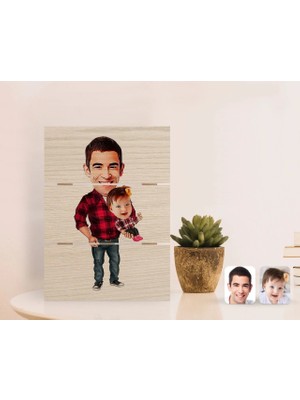 BK Gift Kişiye Özel Baba Kız Karikatürlü Otantik Masaüstü Ahşap Palet Çerçeve-2