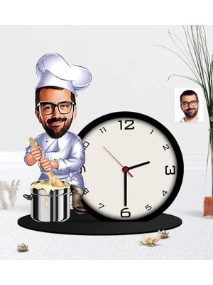 BK Gift Kişiye Özel Bay Aşçı Karikatürlü Ahşap Biblo Masa Saati