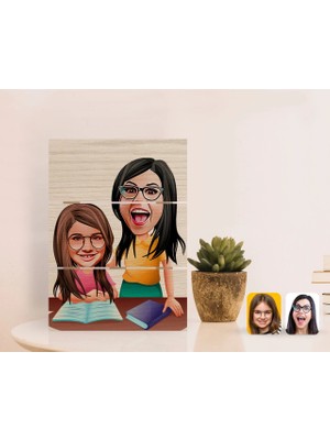 BK Gift Kişiye Özel Anne Kız Karikatürlü Otantik Masaüstü Ahşap Palet Çerçeve-1