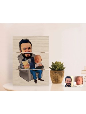 BK Gift Kişiye Özel Baba Oğul Karikatürlü Otantik Masaüstü Ahşap Palet Çerçeve-1