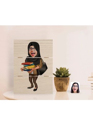 BK Gift Kişiye Özel Tesettürlü Kadın Öğretmen Karikatürlü Otantik Masaüstü Ahşap Palet Çerçeve-2