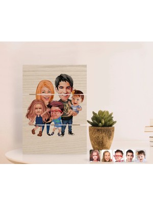 BK Gift Kişiye Özel Tesettürlü Aile Karikatürlü Otantik Masaüstü Ahşap Palet Çerçeve-6