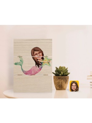 BK Gift Kişiye Özel Deniz Kızı Karikatürlü Otantik Masaüstü Ahşap Palet Çerçeve-1
