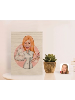 BK Gift Kişiye Özel Kadın Aşçı Karikatürlü Otantik Masaüstü Ahşap Palet Çerçeve-3