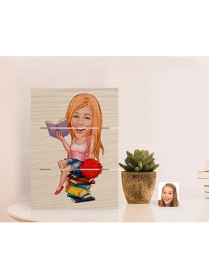 BK Gift Kişiye Özel Kadın Öğrenci Karikatürlü Otantik Masaüstü Ahşap Palet Çerçeve-1