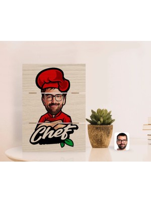 BK Gift Kişiye Özel Erkek Chef Karikatürlü Otantik Masaüstü Ahşap Palet Çerçeve-10