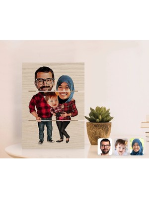 BK Gift Kişiye Özel Tesettürlü Aile Karikatürlü Otantik Masaüstü Ahşap Palet Çerçeve-2