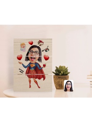 BK Gift Kişiye Özel Anneler Günü Temalı Süper Anne Karikatürlü Otantik Masaüstü Ahşap Palet Çerçeve-1